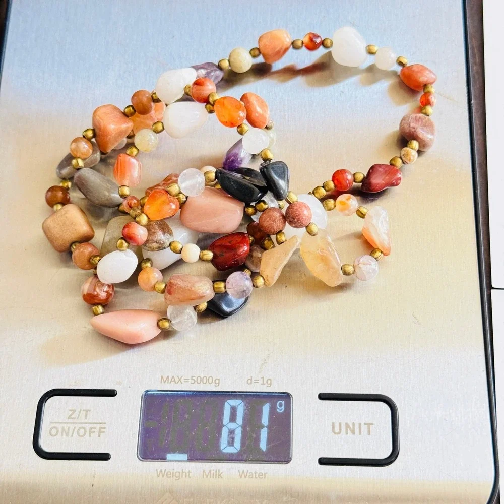 VTG NECKLACe carnelian quartz jasper Beggars round‎ Beads Natural Hippie 34